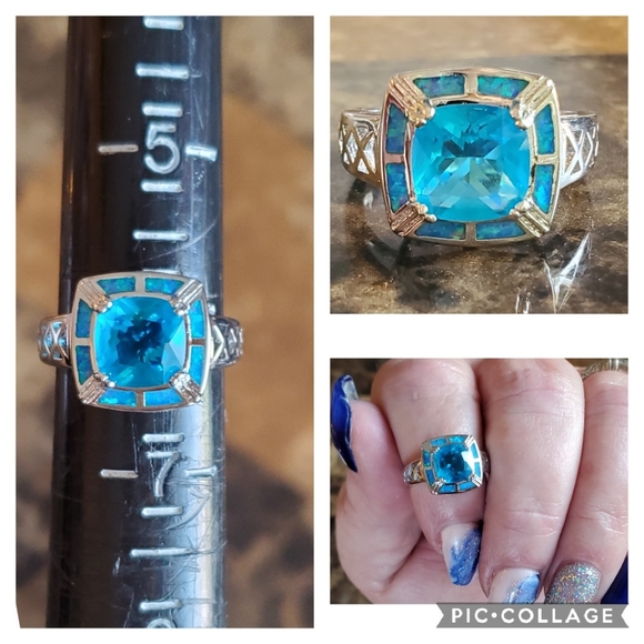 Genuine 3ct Blue Topaz/Opal inlay Ring Size 6 - Picture 8 of 8